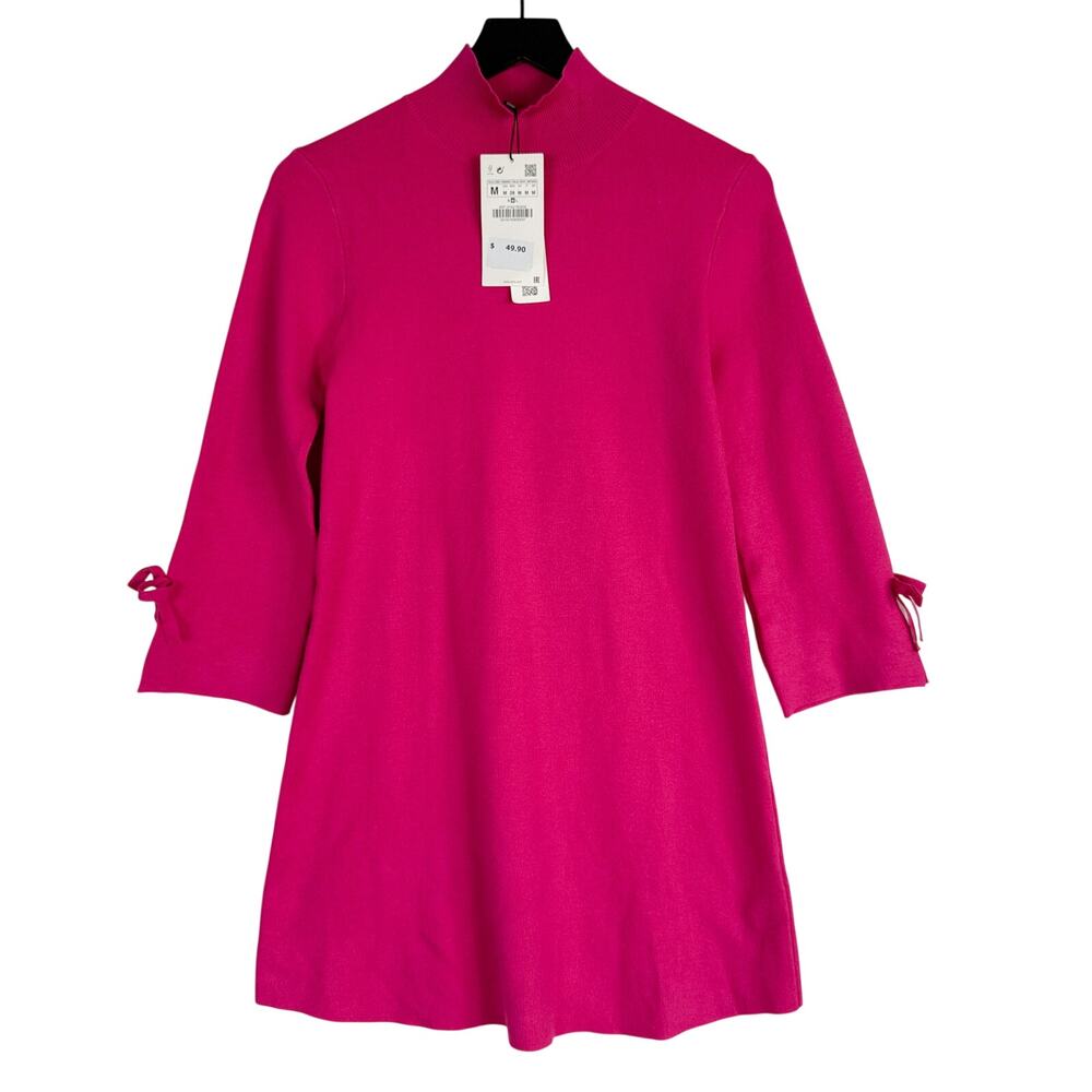 New Zara Mini Dress Mock Neck Pink Bow Tie Sleeves - M